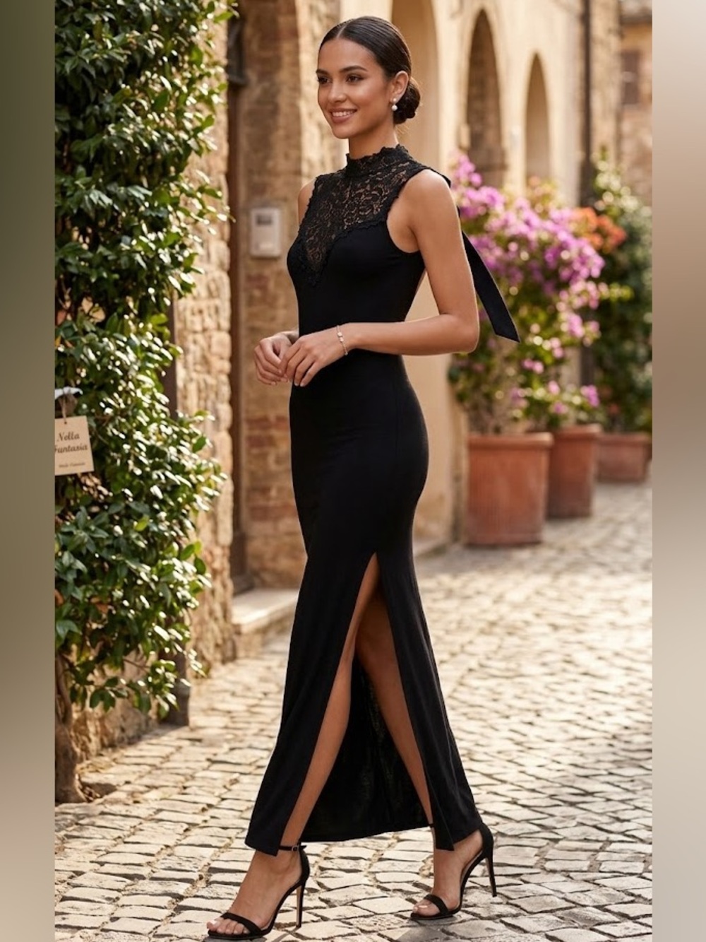 Nella Fantasia Black Lace High Neck Maxi Dress Open Back Side Slits Size Small